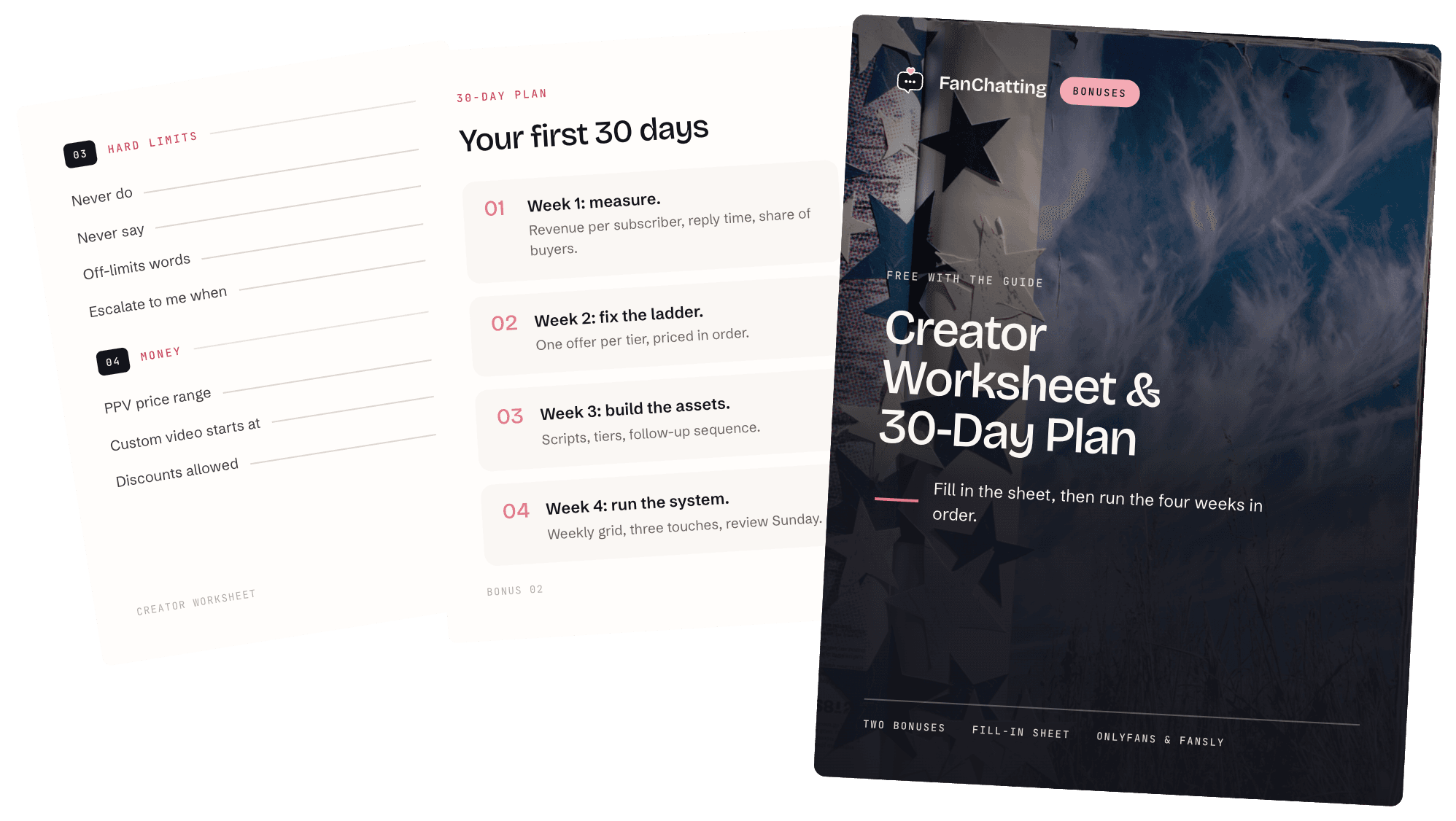 The Creator Worksheet and 30-Day Plan: a dark cover beside two printed worksheet pages.